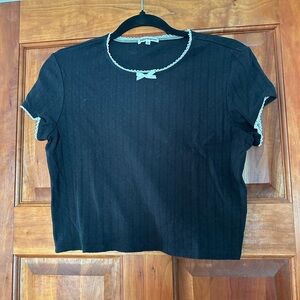 Reformation Black Crop T-Shirt with Ribbed Tie Front